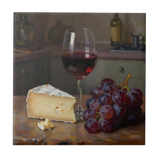 Azulejo Realistic Red Wine Cheese Grapes Still Life (Frente)