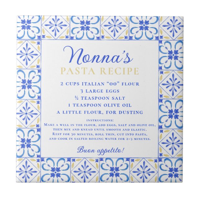 Azulejo Receta Personalizada Azul Blanco Cocina  (Frente)