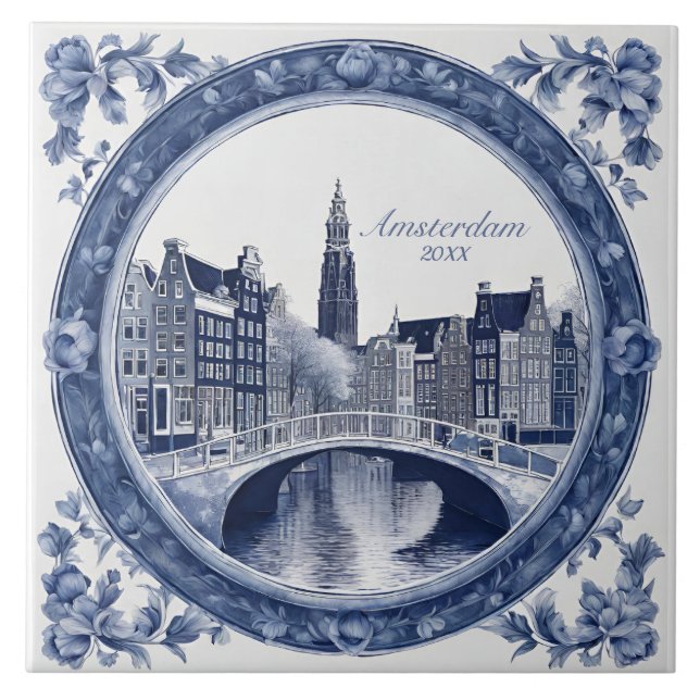 Azulejo Recuerdo de Delft Azul Personalizado de Ámsterdam (Frente)