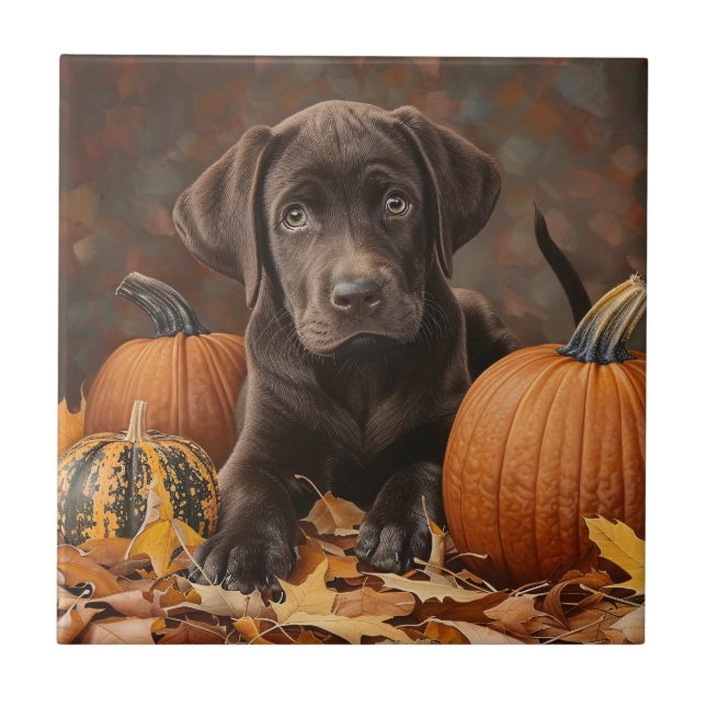 Azulejo Recuperación de Labrador de Chocolate en otoño (Frente)