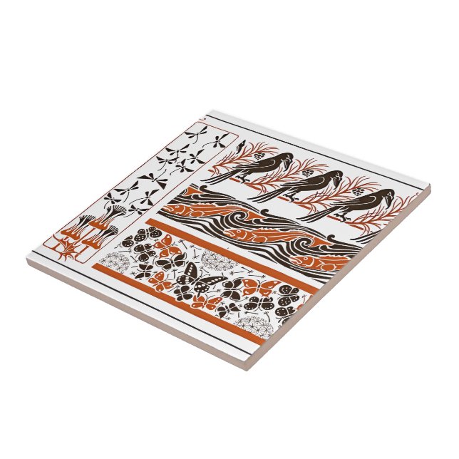 Azulejo red and black Birds fish Butterfly art pattern (Lado)