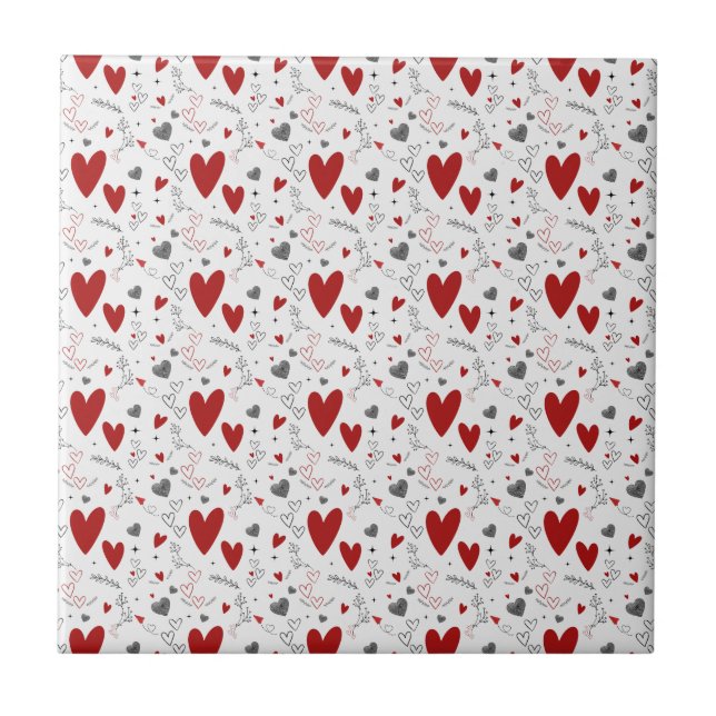 Azulejo Red and Black Doodle Hearts Love  (Frente)