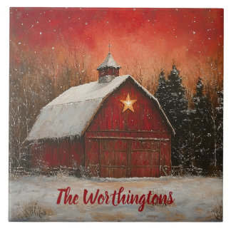 Azulejo Red Barn & Snow Orange Winter Sunset Farmhouse