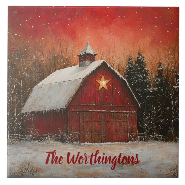 Azulejo Red Barn & Snow Orange Winter Sunset Farmhouse  (Frente)