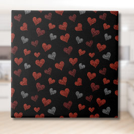 Azulejo Red Burgundy Silver Glitter Hearts on Black