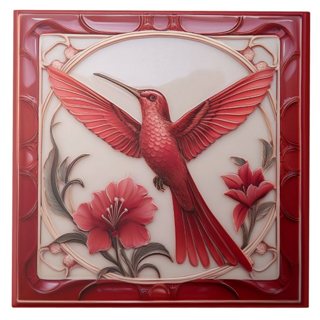 Azulejo Red & cream faux relief Art Nouveau Hummingbird L (Frente)