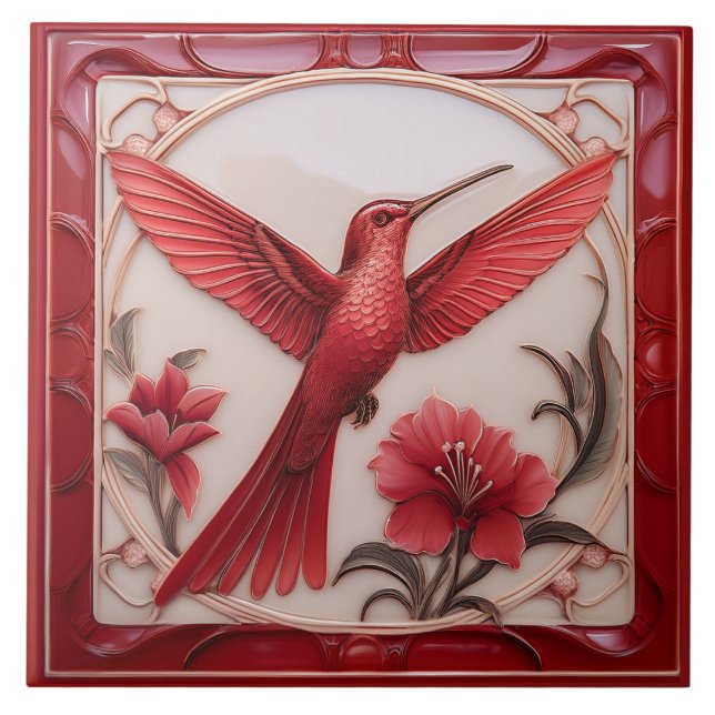 Azulejo Red & cream faux relief Art Nouveau Hummingbird R (Frente)