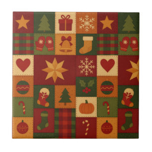 Azulejo Red Green Patchwork Quilt Rustic Farmhouse Floral