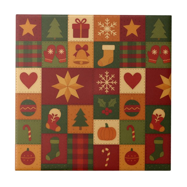 Azulejo Red Green Patchwork Quilt Rustic Farmhouse Floral (Frente)