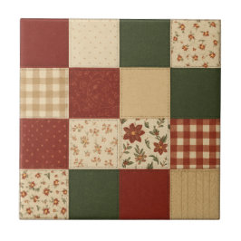 Azulejo Red Green Patchwork Quilt Rustic Farmhouse Floral