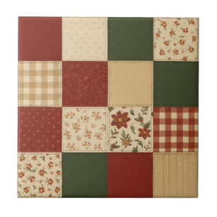 Azulejo Red Green Patchwork Quilt Rustic Farmhouse Floral