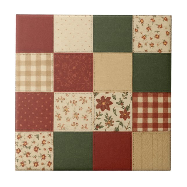 Azulejo Red Green Patchwork Quilt Rustic Farmhouse Floral (Frente)