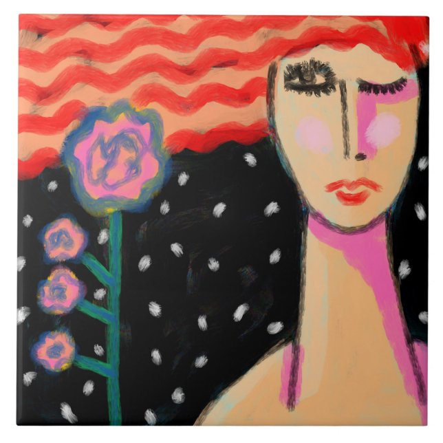 Azulejo Red Hair Pink Roses Abstract Art (Frente)