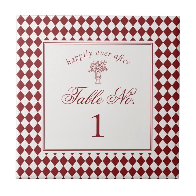 Azulejo Red Merlot Harlequin Checker Wedding Table Number (Frente)