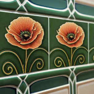 Azulejo Red Poppy Flower Art Deco Wall Decor Art Nouveau