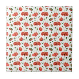 Azulejo Red Poppy Watercolor Wildflower Ceramic