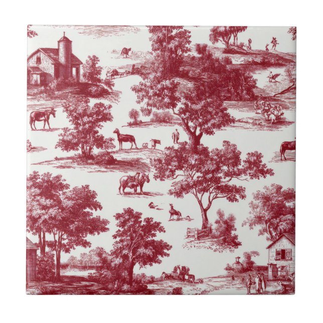 Azulejo Red Toile Countryside Scene (6) (Frente)