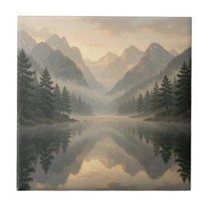Azulejo Reflejo del lago de montaña brumosa en el bosque d