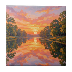 Azulejo Reflejo del río al atardecer vibrante
