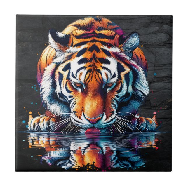 Azulejo Reflejo del tigre bebiendo agua  (Frente)
