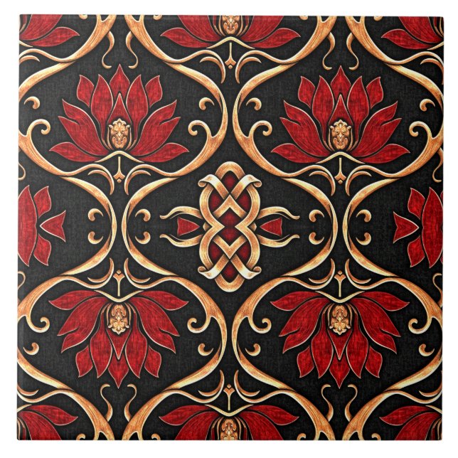 Azulejo Regal Red Lotus & Golden Filigree Pattern (Frente)