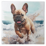 Azulejo Regalo de Bulldog francés<br><div class="desc">El Bulldog francés en la playa acuarela arte es una gran adición a la sala de estar,  la cocina o la gran habitación. Obra original de Nicole.</div>