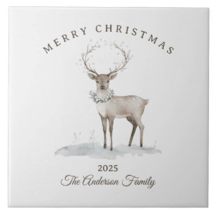 Azulejo Regalo de Navidad de reno blanco crema personaliza