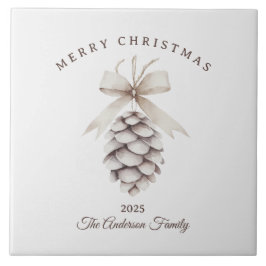 Azulejo regalo de Navidades de pinecona blanca crema perso