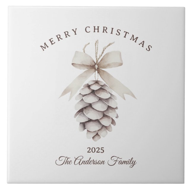 Azulejo regalo de Navidades de pinecona blanca crema perso (Frente)