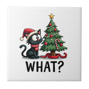 Azulejo Regalo divertido de gato negro empujando el árbol
