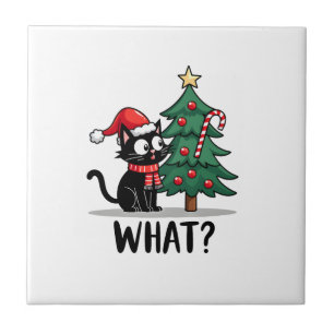 Azulejo Regalo divertido de gato negro que empuja el árbol