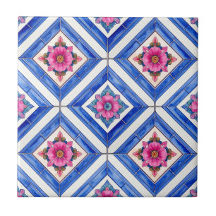Azulejo Rejilla de Diamante Azul Mediterráneo - Flores Ros