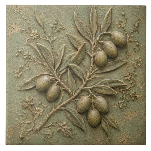 Azulejo Relieve Falso Botánico de Olivar Rústico (Frente)