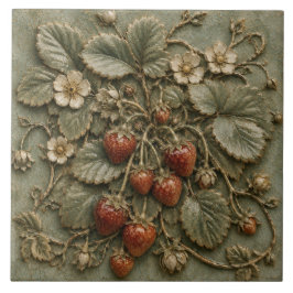 Azulejo Relieve Falso Botánico de Planta de Fresa Antigua