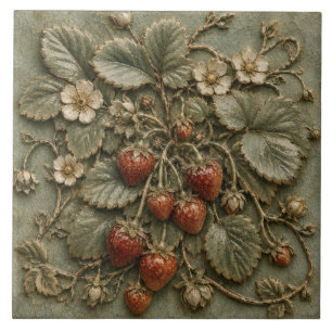 Azulejo Relieve Falso Botánico de Planta de Fresa Antigua