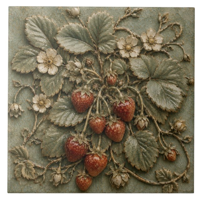 Azulejo Relieve Falso Botánico de Planta de Fresa Antigua (Frente)