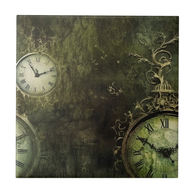 Azulejo Reloj de Steampunk Rústico Esmeralda Verde (9) (Frente)