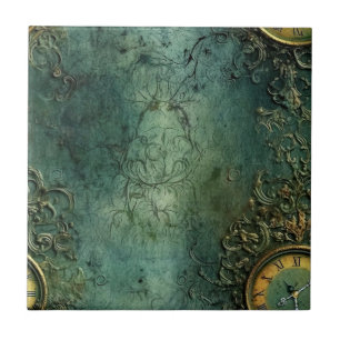 Azulejo Reloj de vapor vintage esmeralda oscura