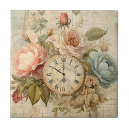 Azulejo Reloj floral de Shabby Chic Vintage Rubor Rosas az