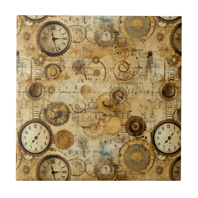 Azulejo Reloj Industrial Steampunk Sepia Latón (Frente)