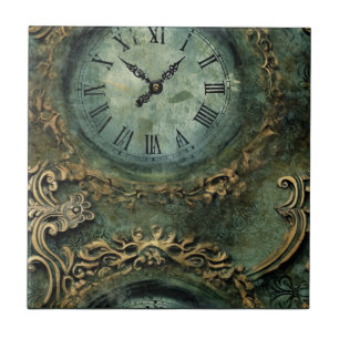Azulejo Reloj Steampunk Rústico Verde Esmeralda