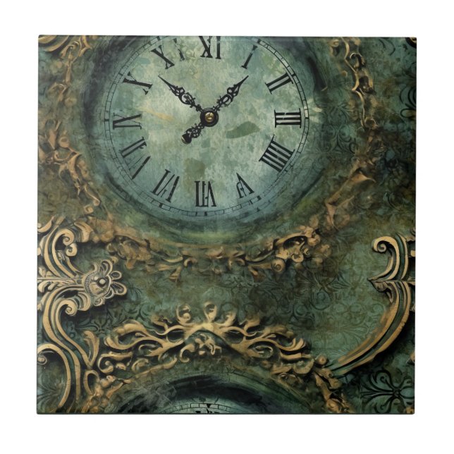 Azulejo Reloj Steampunk Rústico Verde Esmeralda (Frente)