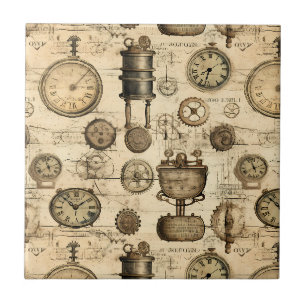 Azulejo Reloj vintage de estilo steampunk en pergamino mar