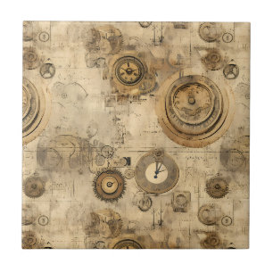 Azulejo Relojes y engranajes mecánicos vintage sepia steam