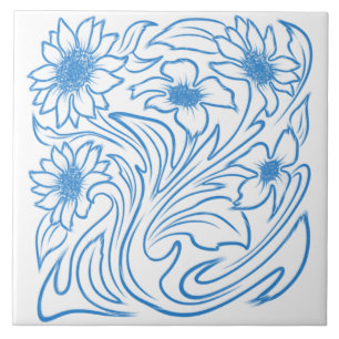 Azulejo Remolino Floral Azul Botánico