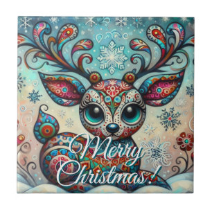 Azulejo Reno de Navidad de Ojos Grandes Arte Folclórico Pe