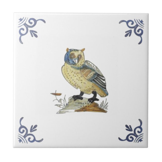Azulejo Repro 1700 Pintado Antiguo Búho Delft Tile Blanco (Frente)