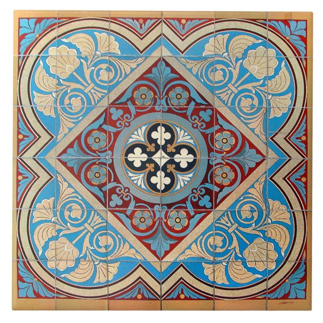 Azulejo Repro Alemán Geométrico Art Nouveau Jugendstil azu (Frente)