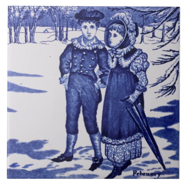 Azulejo Repro Antiguo Wedgwood Azul "Febrero" Figural (Frente)