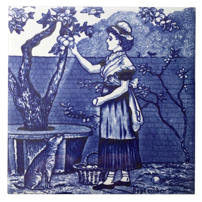 Azulejo Repro Antiguo Wedgwood Azul Septiembre Figural (Frente)